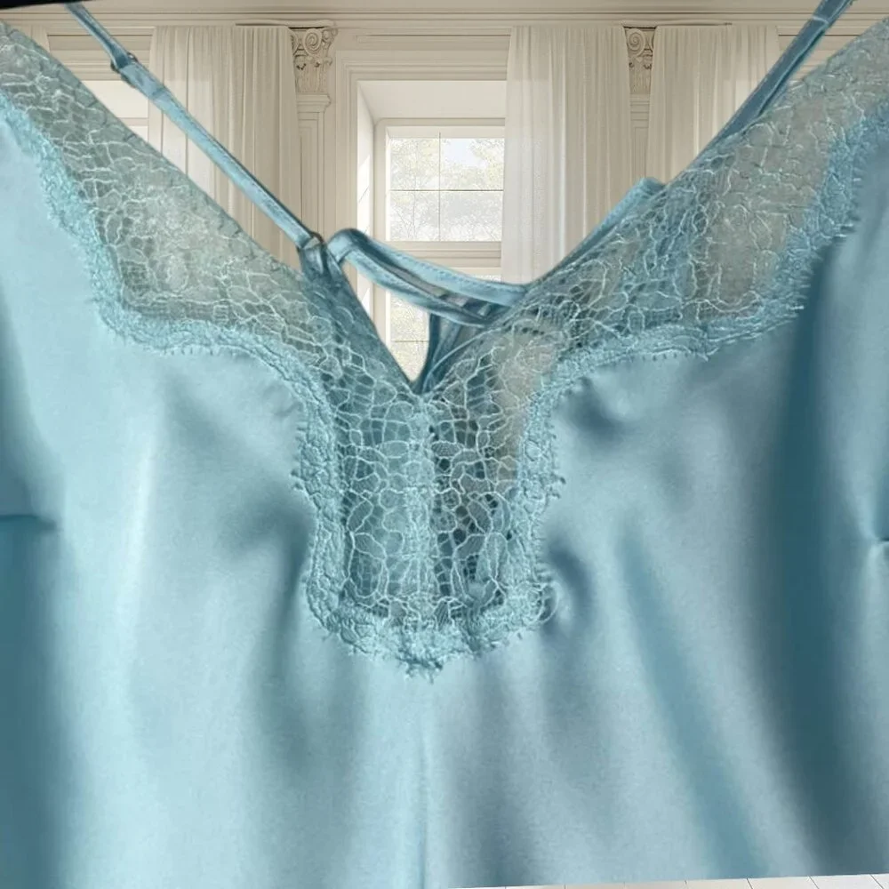 Victoria's Secret Medium Satin Side-Tie Teddy Romper Bodysuit Lace Blue - Picture 8 of 15
